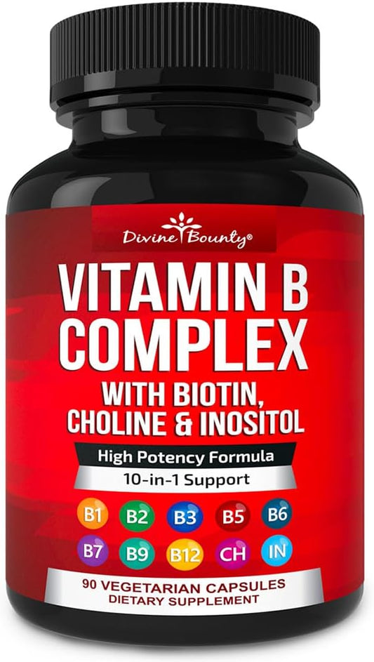 Divine Bounty Super B Complex Vitamins - All B Vitamins Including B12, B1, B2, B3, B5, B6, B7, B9, Folic Acid - Vitamin B Supplement - Support Healthy Energy Metabolism - 90 Vegetarian Capsules