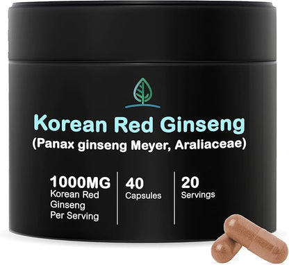 Holistic Bin Korean Red Ginseng Capsules Pure Panax Ginseng Supplement | Vegan, Gluten Free, Non GMO, No Fillers | Rich in Ginsenosides (40 Capsules)