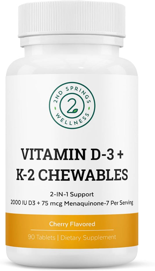 Vitamin D3 + K2 Chewables - 2000 IU Vitamin D and MK7 K2 (Menaquinone-7) - Cherry Flavored Tablets - Vitamin D + K2 Supplement for Adults and Kids