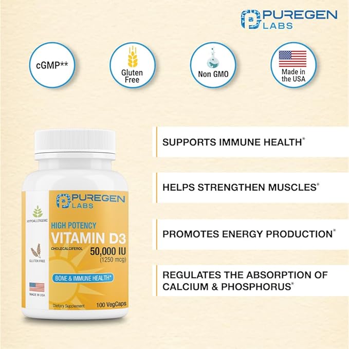 Puregen Labs Vitamin D3 50,000 IU (1250 mcg) 100 Weeks Supply for Healthy Muscle Function, and Immune Support, Non-GMO, Gluten Free 100 Vegetable Capsules