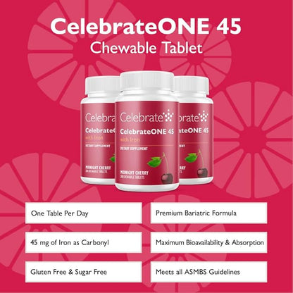 Celebrate Vitamins CelebrateONE 45 Chewables, 45mg Iron - One A Day Bariatric Multivitamin, Essential Vitamins & Minerals - Gastric Bypass & Sleeve Gastrectomy Supplement - Cherry (90 Tablets)