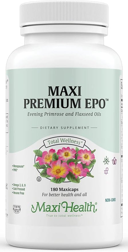 Maxi-Health Evening Primrose and Flax Seeds Oil Softgels - Vegan Omega 3 6 9 Supplements for Healthy Skin, Hair, and Joints - Kosher Certified, Organic Evening Primrose Oil Softgels, 180 Count