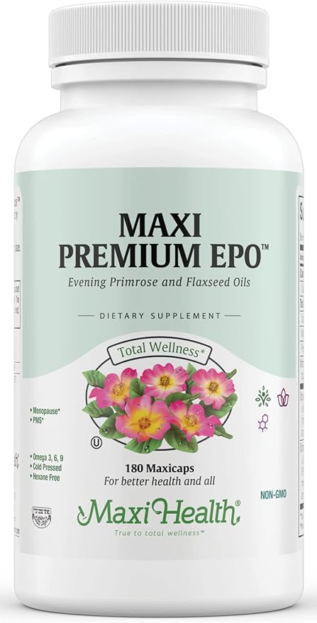 Maxi-Health Evening Primrose and Flax Seeds Oil Softgels - Vegan Omega 3 6 9 Supplements for Healthy Skin, Hair, and Joints - Kosher Certified, Organic Evening Primrose Oil Softgels, 180 Count