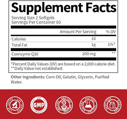 High Absorption CoQ10 200mg - Vegan, Gluten Free, Natural Supplement for Heart Health + Stamina Support + Brain Function - 120 Softgels, 60 Day Supply