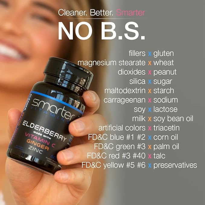 Smarter Elderberry Capsules + Vitamin C + Ginger & Zinc, Herbal Supplement, Powerful Black Elder Berry Extract Antioxidant Vitamin, 60 Vegan Pills