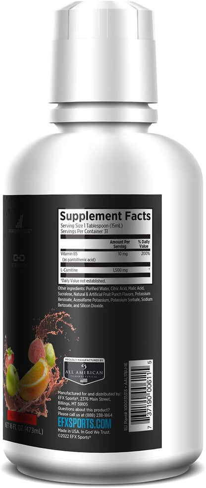 EFX Sports L-Carnitine Liquid 1500mg, Improve Performance and Strength, Vitamin B5 (31 Servings, Fruit Punch)