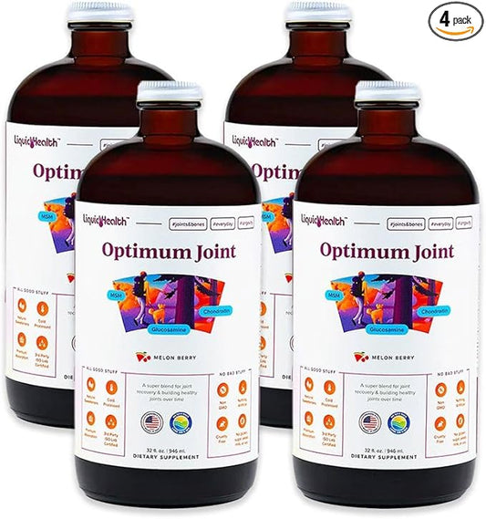 LIQUIDHEALTH Optimum Joint Support Liquid Multivitamin with Glucosamine, Chondroitin, MSM, Hyaluronic Acid - Increase Mobility, Joint Comfort, for Runners & Athletes - Made in USA, Vegan (4 Pack)