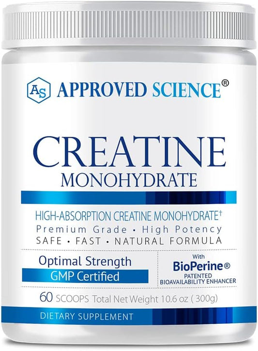 Approved Science Creatine Monohydrate Powder with BioPerine - Supports Lean Muscle Growth and Recovery - 60 Servings - 5g Per Serving - Unflavored - Non-GMO, Vegan