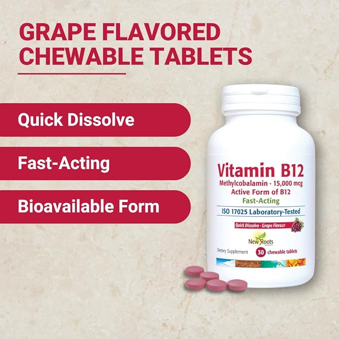 NEW ROOTS HERBAL Vitamin B12 Supplement Methylcobalamin (15000 mcg), Chewable Tablets, Fast Absorption, Grape Flavored (30 Pieces)