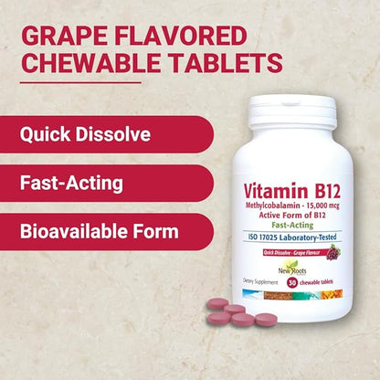 NEW ROOTS HERBAL Vitamin B12 Supplement Methylcobalamin (15000 mcg), Chewable Tablets, Fast Absorption, Grape Flavored (30 Pieces)