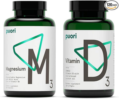 Puori Vitamin D3 and Magnesium Zinc Supplement Bundle for Healthy Muscle Function, Bone Health, Immune Support and Calcium Uptake- Non-GMO and Gluten-Free