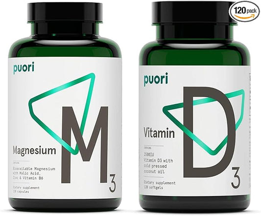 Puori Vitamin D3 and Magnesium Zinc Supplement Bundle for Healthy Muscle Function, Bone Health, Immune Support and Calcium Uptake- Non-GMO and Gluten-Free