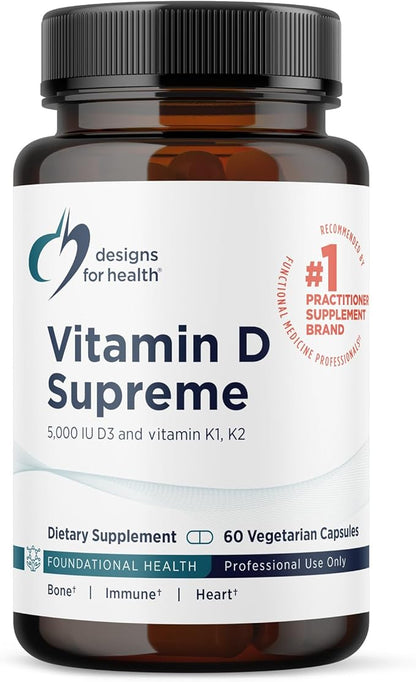 Designs for Health Vitamin D Supreme - Vitamin D 5000 IU with 2000mcg Vitamin K as MK4 for Bone Health, Heart Health & Immune Support - Vitamin D3 Enhanced with GG Supplement (60 Capsules)