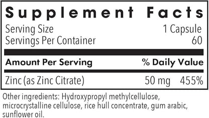 Allergy Research Group Zinc Citrate Supplement - Zinc for Men & Women, Immune Support, Pure, Well-Absorbed, Well-Tolerated, Trace Mineral, 50mg Vegetarian Capsules - 60 Count