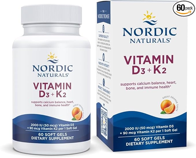 Nordic Naturals Vitamin D3 + K2, Orange Taste - 60 Soft Gels - Synergistic Support for Bones, Immune Function & Calcium Balance - Non-GMO - 60 Servings