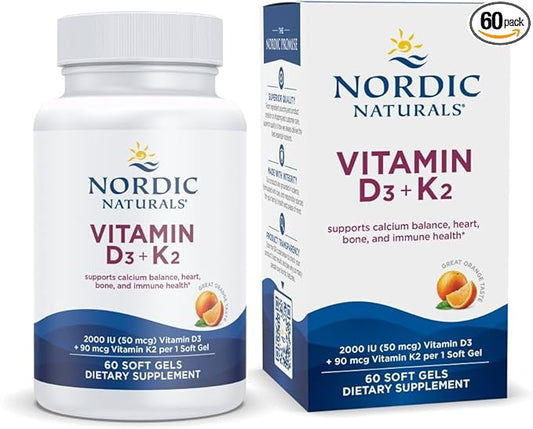 Nordic Naturals Vitamin D3 + K2, Orange Taste - 60 Soft Gels - Synergistic Support for Bones, Immune Function & Calcium Balance - Non-GMO - 60 Servings