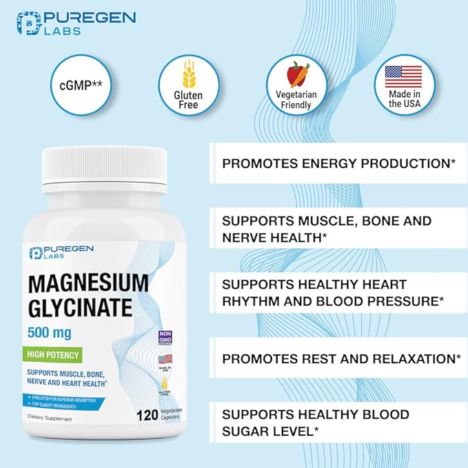 Magnesium Glycinate 500mg [High Potency] 120 Veggie Caps, Chelated for Superior Absorption | No Harmful Additives | Non-GMO, NO Gluten and Dairy, Supports Muscle, Joint, and Heart Health-Made in USA