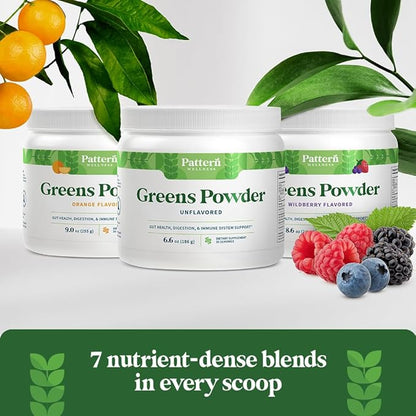 Pattern Wellness Greens Powder Superfood - Complete with Antioxidant, Digestive Enzyme, Fiber, Probiotic, & Adaptogen Blends - Gut, Digestion, & Immune System - 30 Servings - 8.6 oz (Wildberry Flavor)
