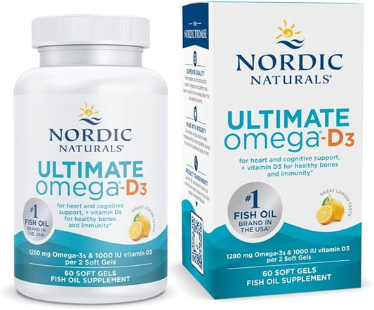 Nordic Naturals Ultimate Omega-D3, Lemon Flavor - 60 Soft Gels - 1280 mg Omega-3 + 1000 IU Vitamin D3 - EPA & DHA - Promotes Brain, Heart, & Immune Health - 30 Servings