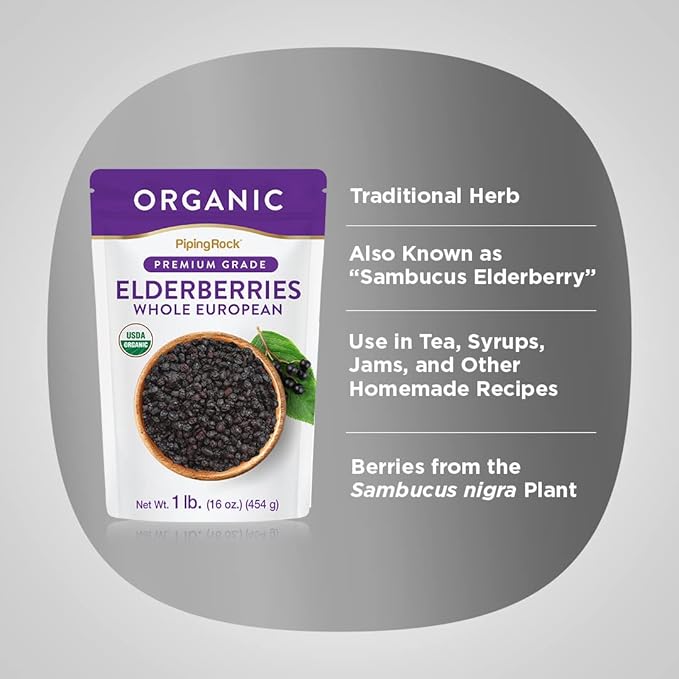 Piping Rock Elderberries Dried Organic | 1lb Bulk Supplement | European Whole Berries | Vegetarian, Non-GMO, Gluten Free