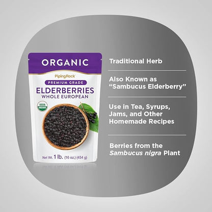 Piping Rock Elderberries Dried Organic | 1lb Bulk Supplement | European Whole Berries | Vegetarian, Non-GMO, Gluten Free