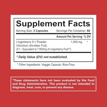 Lingonberry Powder 7500mg for Urinary Tract, Blood Circulation, Gut Health, Eye Health, Antioxidant Support - Pure 5:1 Ratio & 180 Veggie Capsules - Non-GMO, Gluten-Free, Vegan-Friendly Supplement