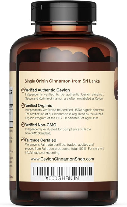 Organic Ceylon Cinnamon (100% Certified) Supplement, 180 Capsules, 3 Month Supply