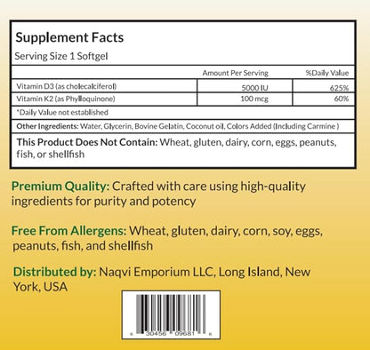 Vitamin D3 5000 IU with K2 100 mcg, 100 Soft-Gels for Healthy Muscle Function, 2 in 1 Support Immune, Optimal Calcium Absorption. Non-GMO, Gluten-Free, Soy-Free, Dairy-Free.