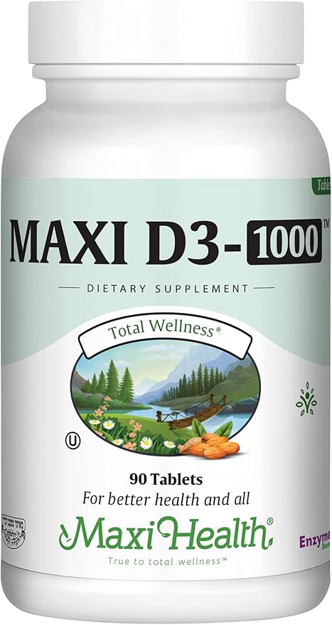 Maxi Health Vitamin D3 1000 IU Dietary Supplement - Easy to Swallow - Odorless & Tasteless - Supports Calcium Absorption, Immune Health and Bone Health in Adult Women & Men - 90 Tablets