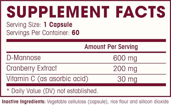 D MANNOSE with Cranberry Extract & Vitamin C - Urinary Tract UT Cleanse & Bladder Health - Protects Against Urinary Tract Infections UTI - Natural Healthy Flush & Detox Impurities | 60 Veg Capsule