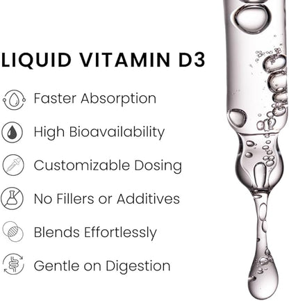 Liquid Vitamin D3 Drops 5000 IU – High Absorption for Immune & Bone Support – Tasteless, Non-GMO, Adjustable Dosing – 2 Ingredients (Vitamin D + Organic MCT Oil) – 2 oz (60 Servings)
