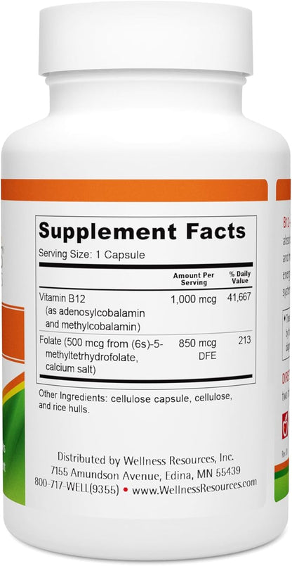 Wellness Resources B12 and Folate Supplement - Methyl B12 1000 & Methylated Folate for High Absorption, Gluten Free, Immune Support Supplement, B12 and Folate for MTHFR, 5-MTHF