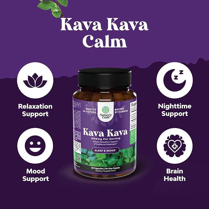 Kava Kava Root Extract Supplement 1000mg - Fast Acting Herbal Support with Kavalactones for Balanced Mood - Relax Calming Capsules for Stress Relief & Better Sleep - 30 Servings
