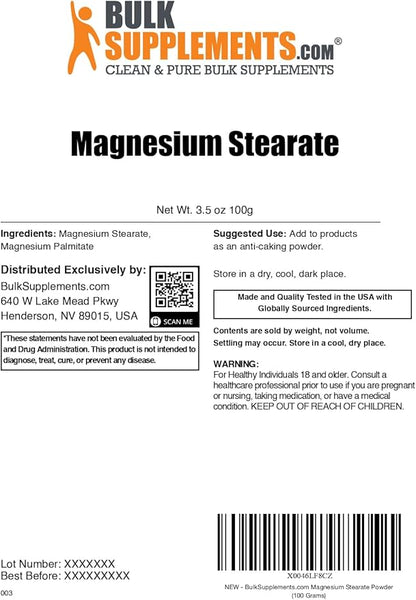 BulkSupplements.com Magnesium Stearate Powder - Anti-Caking, Flowing Agent, & Filler - Magnesium Stearate Food Grade, Servings May Vary - 100g (3.5 oz) (Pack of 1)