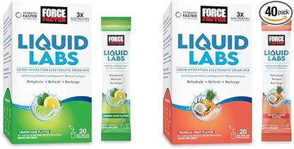 Bundle of FORCE FACTOR Liquid Labs Electrolytes Powder, Hydration Packets to Make Electrolyte Water with Vitamins, Minerals, and Antioxidants. Lemon-Lime Flavor + Tropical Fruit Flavor, 40 Stick Packs