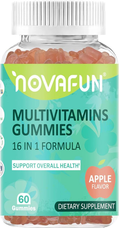 Multivitamin Gummies,16-in-1 Supplement with Essential Vitamins & Minerals for Overall Health, Vegetarian & Gluten-Free, Apple Flavor, 60 Count