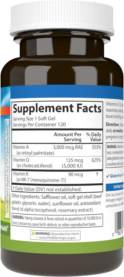 Carlson - Vitamins A, D3, K2, 3000 mcg RAE Vitamin A, 125 mcg Vitamin D3, 90 mcg Vitamin K2 as MK-7, Bone Building, Calcium Utilization, 120 Soft Gels