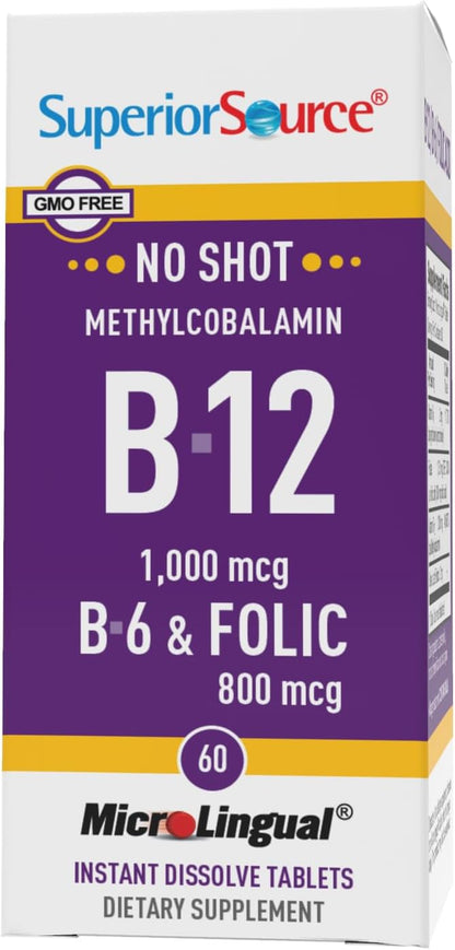 Superior Source No Shot Vitamin B-12 Methylcobalamin 1000 mcg, B-6 & Folic Acid 800 mcg - Supports Brain & Heart Health - Aids Natural Energy Levels - 60 Sublingual Dissolving Tablets