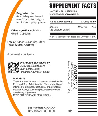 BulkSupplements.com Calcium Citrate Capsules - Calcium Citrate Supplement, with Calcium 1000mg per Serving - Soy Free, 6 Capsules per Serving, 180 Capsules (Pack of 1)