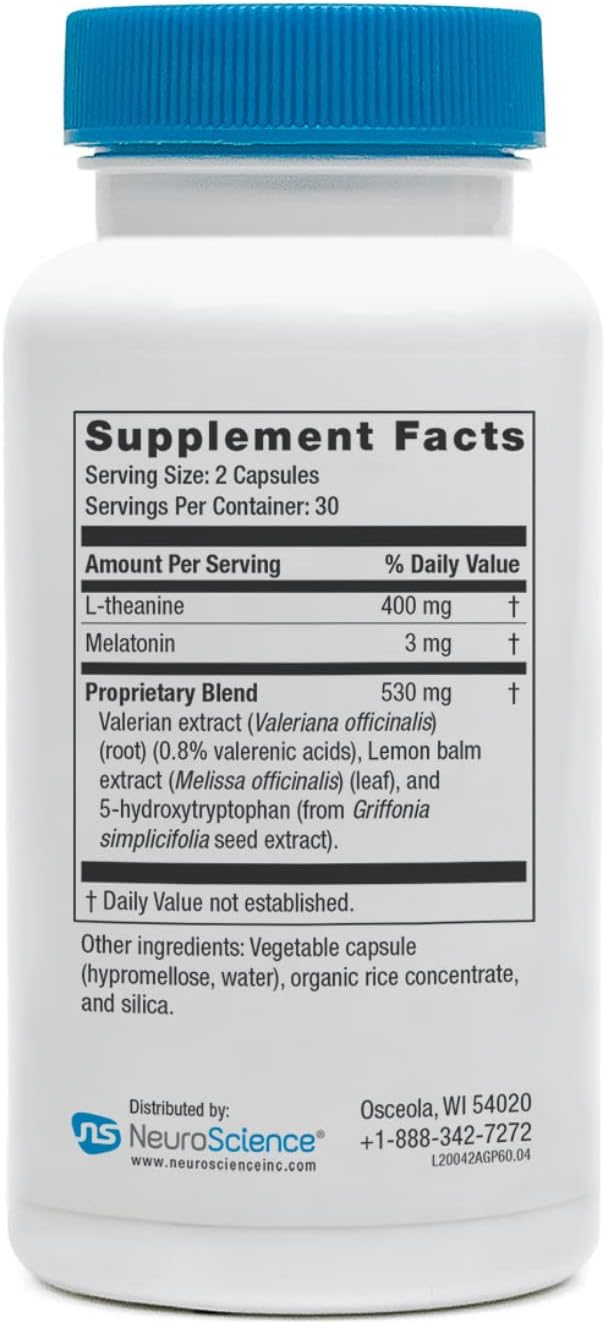 NeuroScience GABA PM Calm Sleep Aid for Adults - 400mg L Theanine Supplement with 5 HTP for Brain Support & Magnesium for Sleep - Soothe an Overactive Mind & Racing Thoughts (60 Capsules)