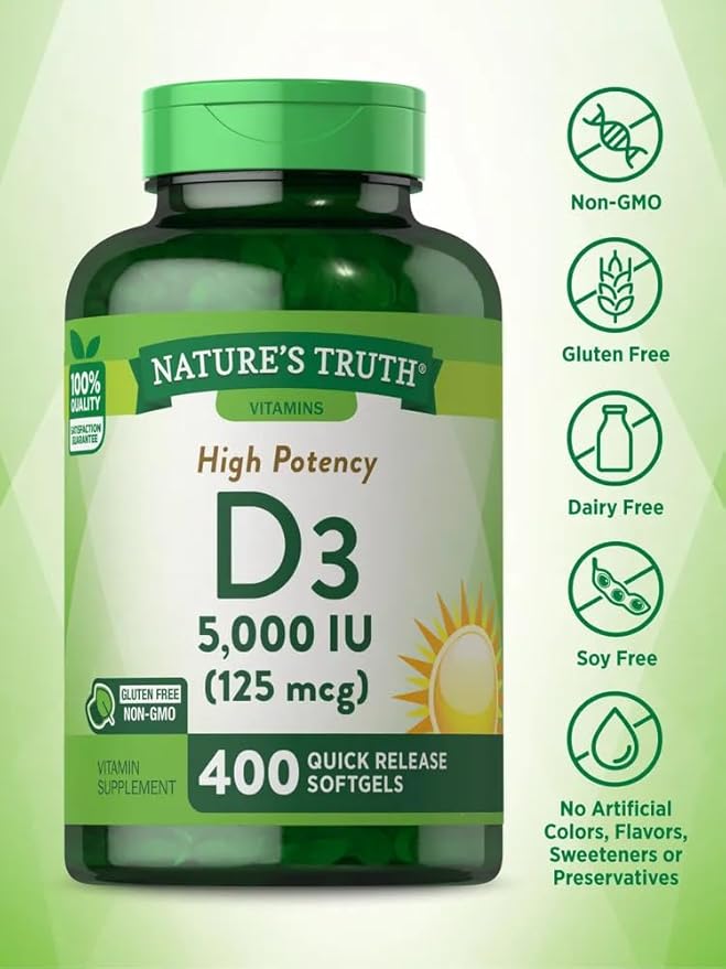 Nature's Truth Vitamin D3 5000 IU Softgels | 400 Count | High Potency | Non-GMO & Gluten Free Supplement