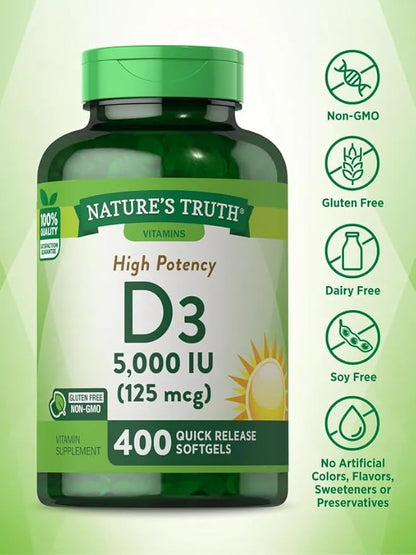 Nature's Truth Vitamin D3 5000 IU Softgels | 400 Count | High Potency | Non-GMO & Gluten Free Supplement