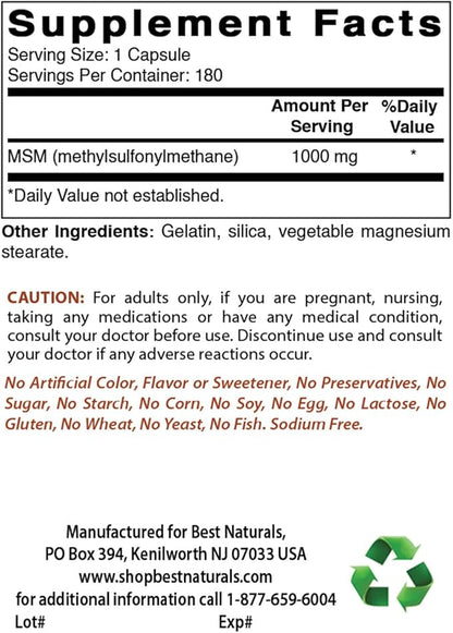 Best Naturals MSM 1000 mg 180 Capsules (180 Count (Pack of 3))