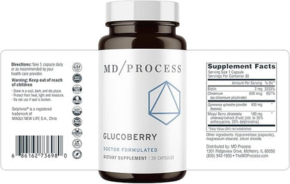 GlucoBerry by MD Process - Maqui Berry Extract with Chromium Picolinate for Blood Health Support - with Biotin and Gymnema Sylvestre - Doctor Formulated - 30 Capsules, 6 Pack