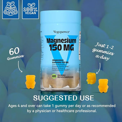 Magnesium Gummies for Kids & Adults, Magnesium Citrate Supplements for Sleep, Muscle/Bone and Relaxation, Chewable Magnesio, Mango | 60 Vegan Bears