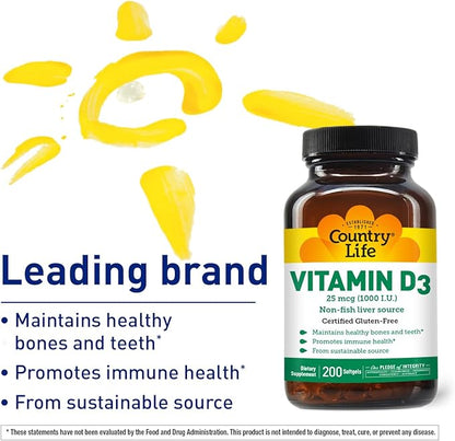 Country Life Vitamin D3 1000 IU Soft Gels, Large, 200 sg, 200 Count