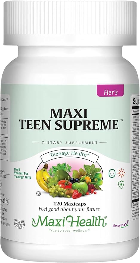 Maxi Health Teen Supreme Hers Vitamins for Teen Girls (120) - Women's Multivitamin for Energy, Immune Boost, Body & Brain Growth - Womens Multi Vitamins Including D3, Iron, Calcium, Digestive Enzyme