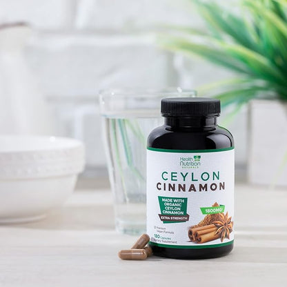 Organic Ceylon Cinnamon Capsules 1800 mg - Pure True Ceylon Cinnamon Powder Supplements, Certified Organic Herbal Supplement, Non-GMO, Gluten Free, Vegan, Antioxidant Pills Supplement - 180 Capsules
