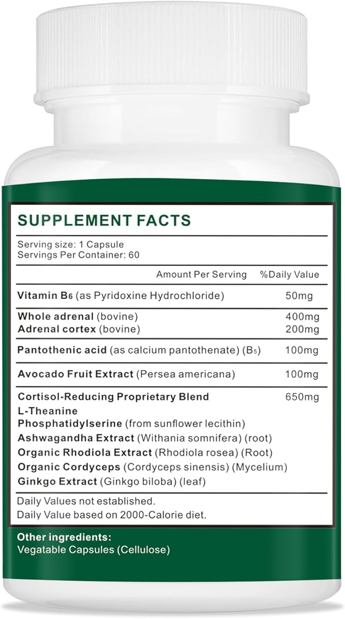 11-in-1 Adrenal Support Supplement, Cortisol Supplement with Pantothenic Acid and Ashwagandha - Supports Healthy Adrenal Function, Energy and Relaxation- 60 Capsules