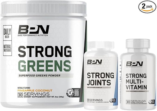 BARE PERFORMANCE NUTRITION BPN Strong Greens Superfood Powder, Strong Joints & Strong Multi-Vitamin Bundle